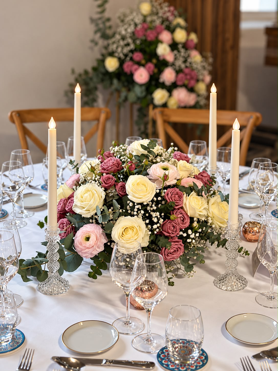 Décoration florale de table pour une réception de mariage